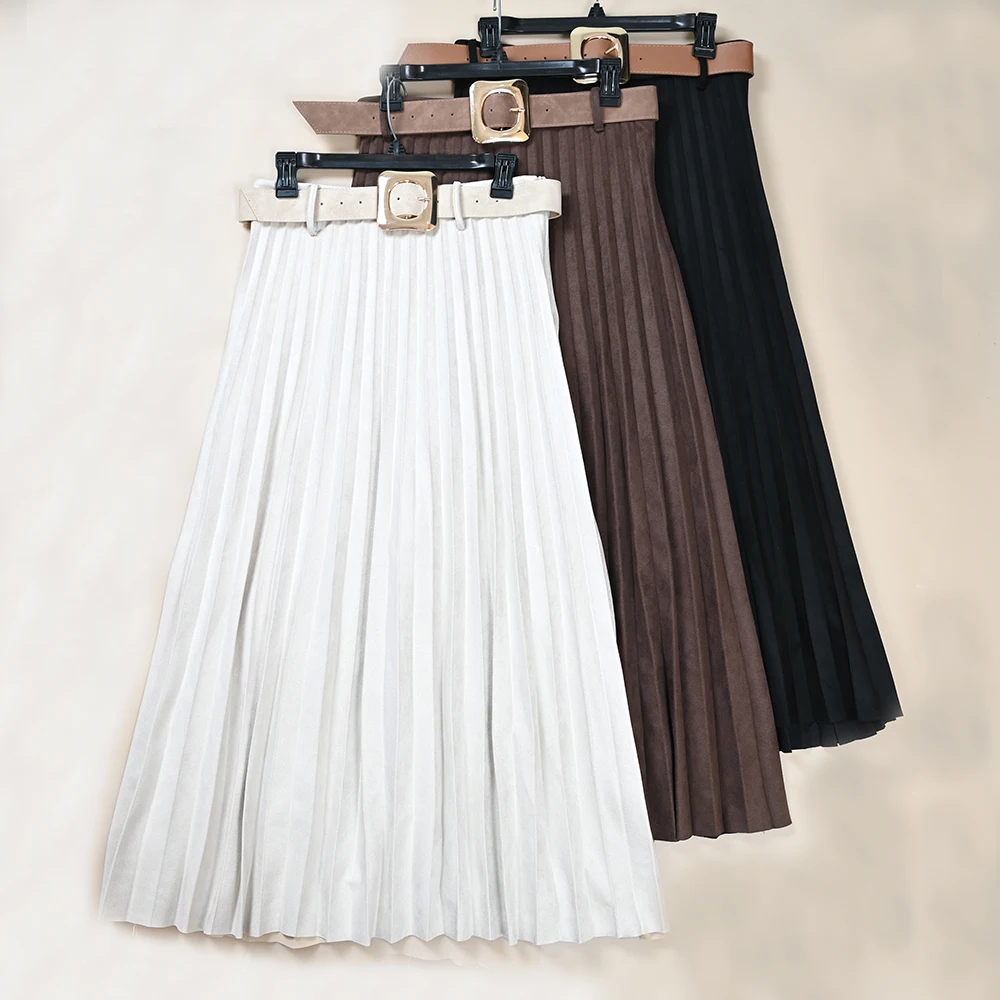 تنورة مخملية بطيات على شكل حرف A للنساء مع حزام كبير متأرجح بطول f، تنانير أوروبية عالية الخصر للارتداء اليومي