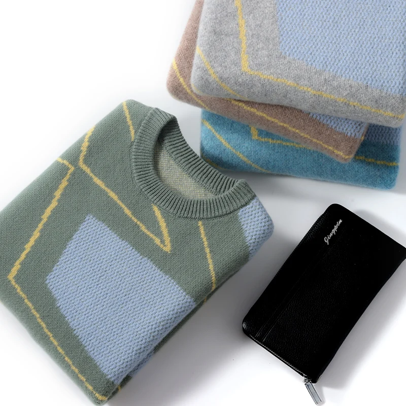 Autumn And Winter New 100% Wool Men's Round Neck Color Matching Knit Bottoming Shirt Business Casual Loose Cashmere Sweater