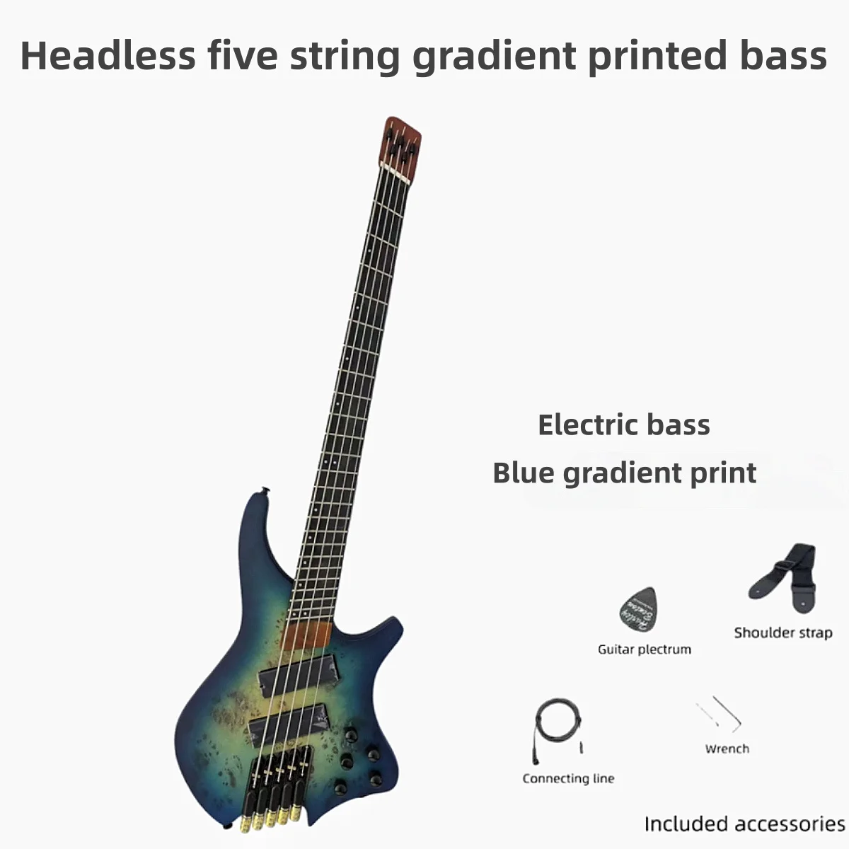 

Headless five string blue gradient printed electric bass rock professional performance