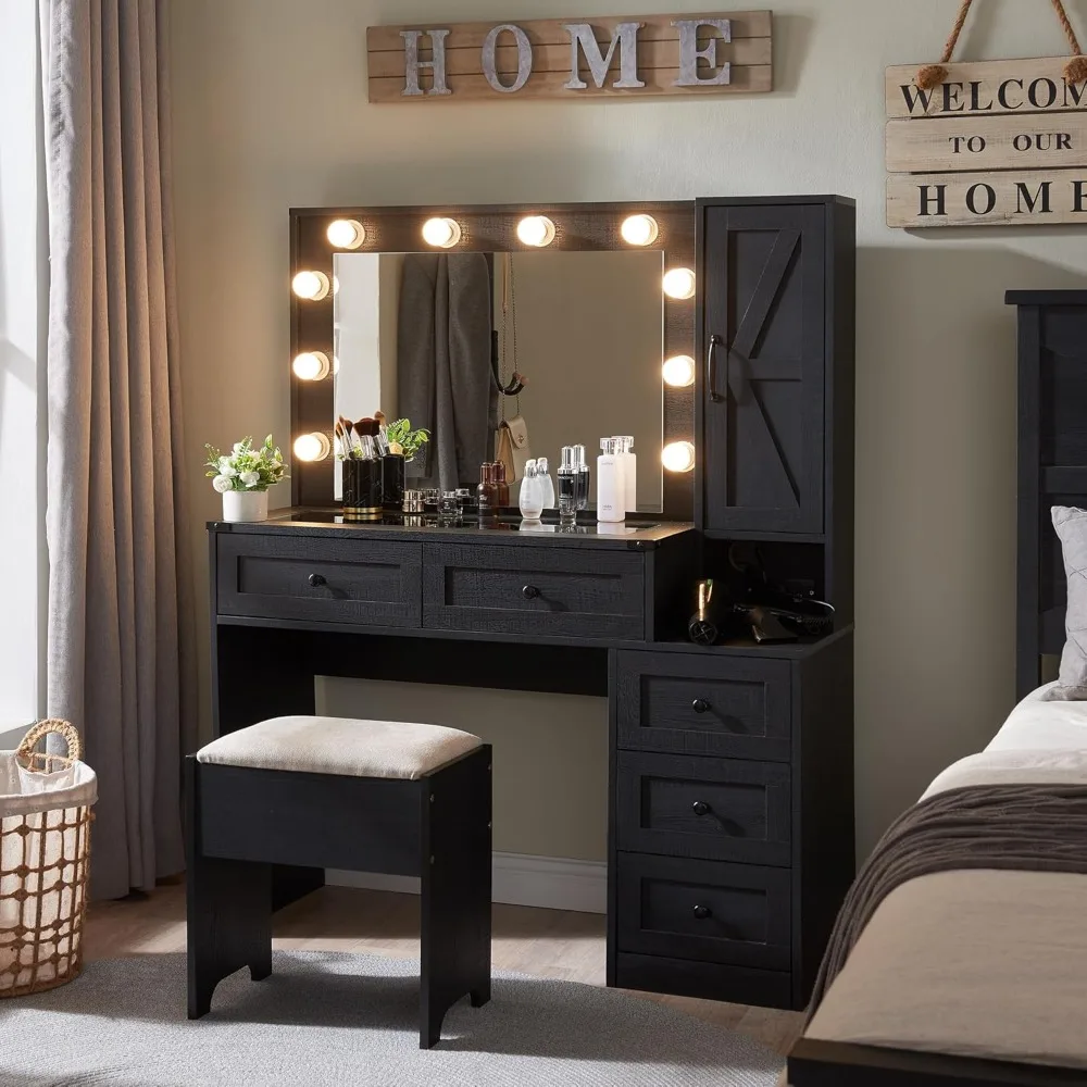 

Farmhouse Vanity Makeup Desk with Charging Station, 43" W Vanity Desk with Lights Mirror and Drawers for Makeup