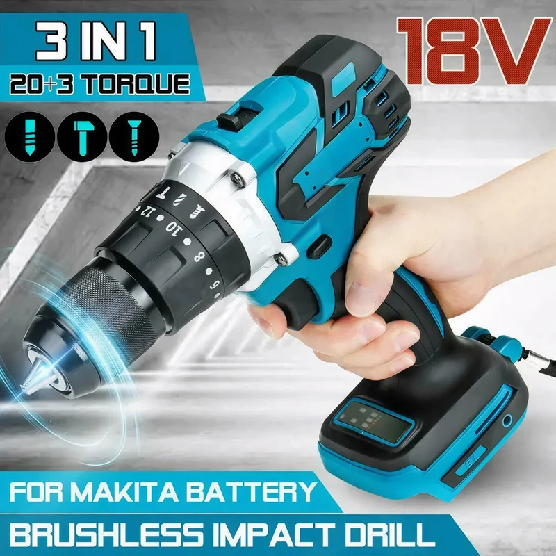 3 In 1 Brushless Electric Hammer Drill Electric Screwdriver 13mm 20+3 Torque Cordless Impact Drill for Makita 18V Battery Home