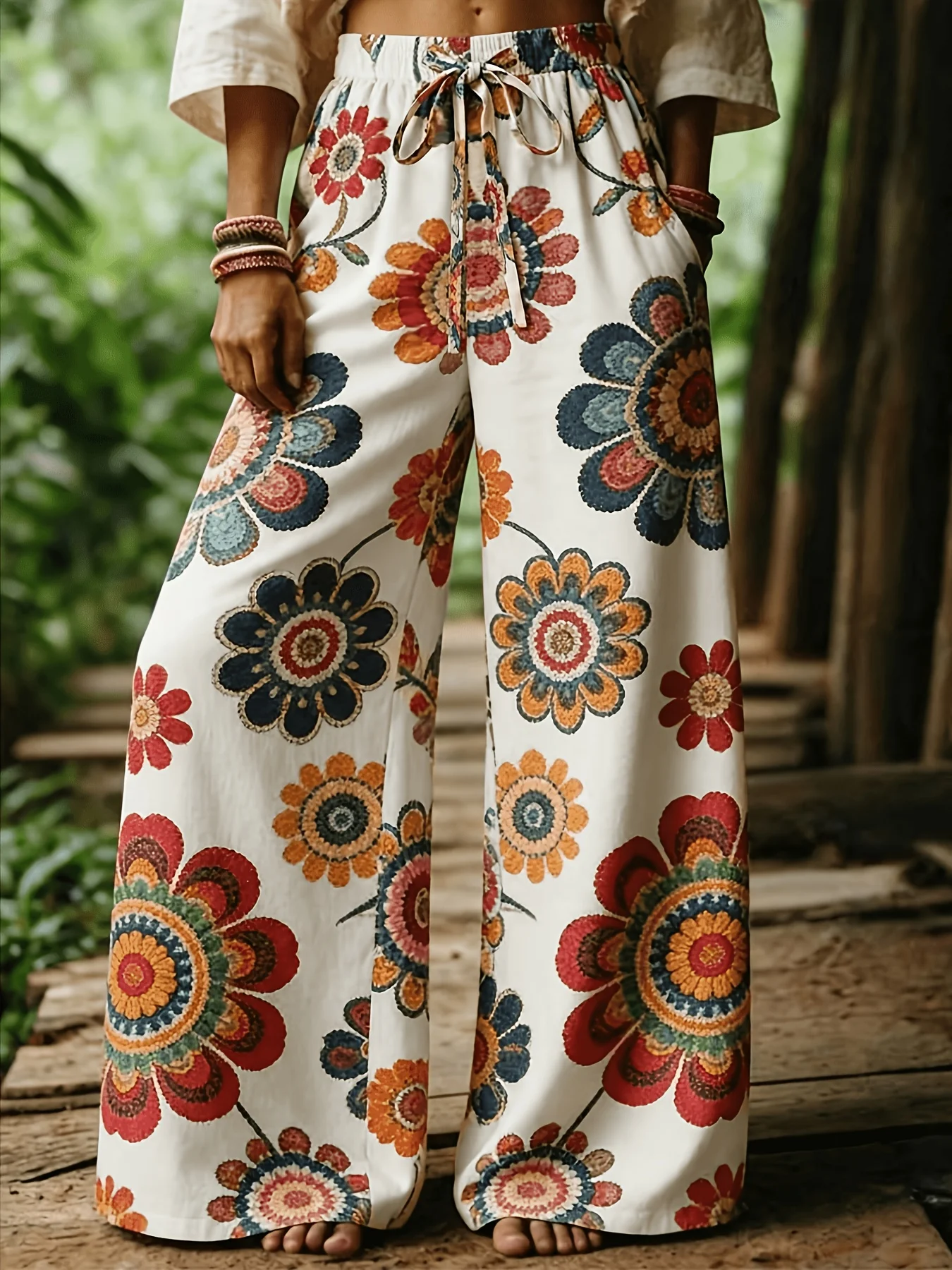 Summer New Ethnic Floral Print Flowing Wide-Leg Long Pants, High-Waist Drawstring Loose Niche Summer Wear Plus Size Trousers