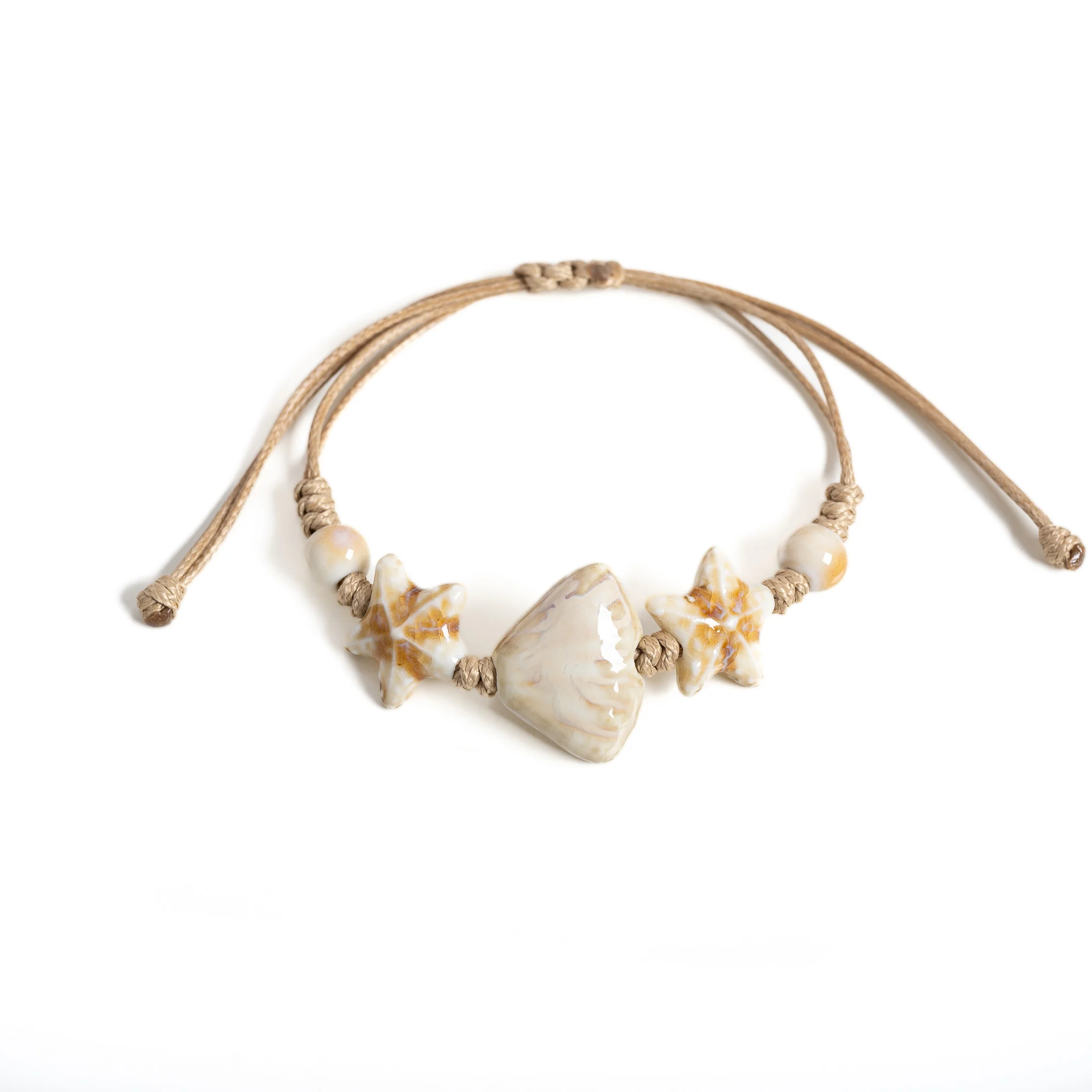 White Shell Star Ceramic Bracelet Handmade Adjustable Wax Cord Ocean Style Porcelain Beaded Bracelet Vintage Jewelry Gift for Wo