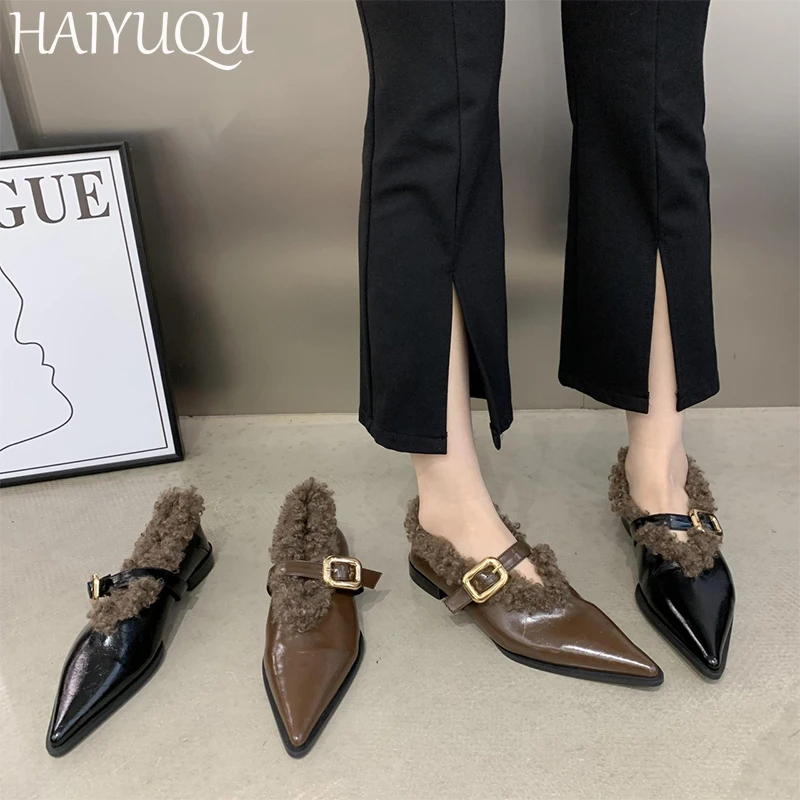 Pointed Toe Fur Women Shoes Flats Fashion Shallow Shoes Woman 2024 Trend Brand Mary Jane Cotton Shoes New Mujer De Snow Botas