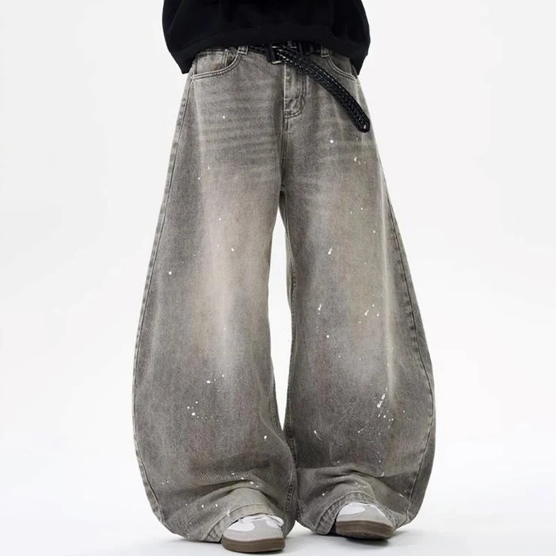 

Korean Retro Vintage Gray Splashed Ink Design Jeans Men'S Street Baggy Pants Casual Hip-Hop Pants Y2k Jeans