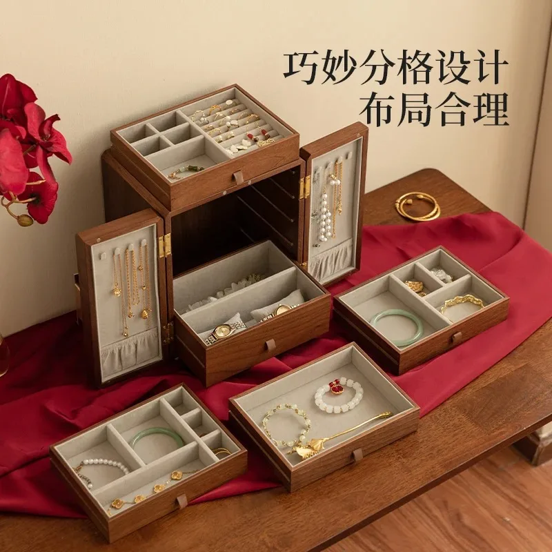 صندوق تخزين المجوهرات الراقية هدية عيد ميلاد الزفاف الرائعة والمجوهرات الخشبية اليدوية