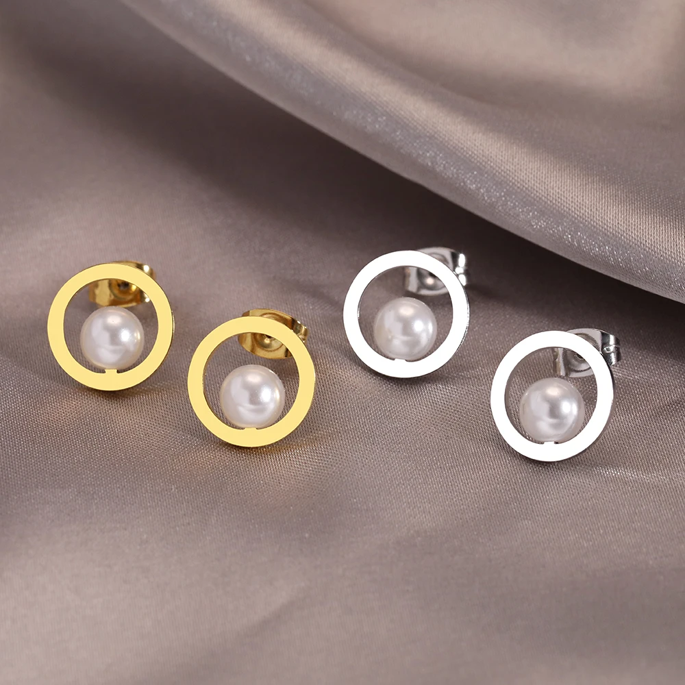 Stainless Steel Earrings Delicate Small Round Charm Fashion Pearl Stud Earrings For Women Jewelry Luxury Party Girl Unusual Gift