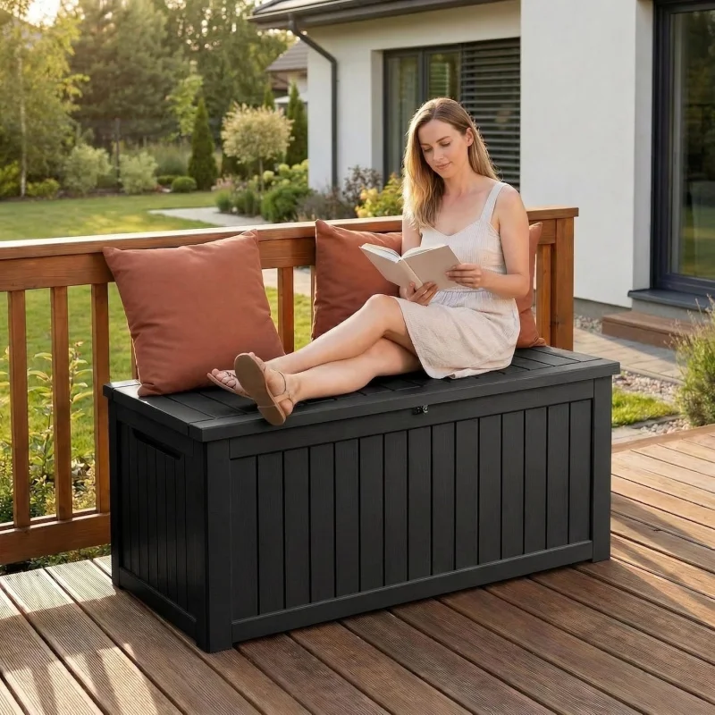 

2026 New：231 Gallon Resin Deck Box, Heavy Duty Lockable Patio Storage Box Outdoor, Waterproof Box Garden Furnitur
