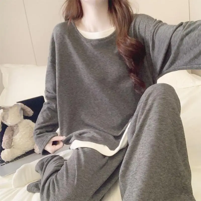 Women's Pullover Long Sleeved Pajama Set Student Autumn and Winter New Style Long Pants Home Clothes Women's Two-Piece Set