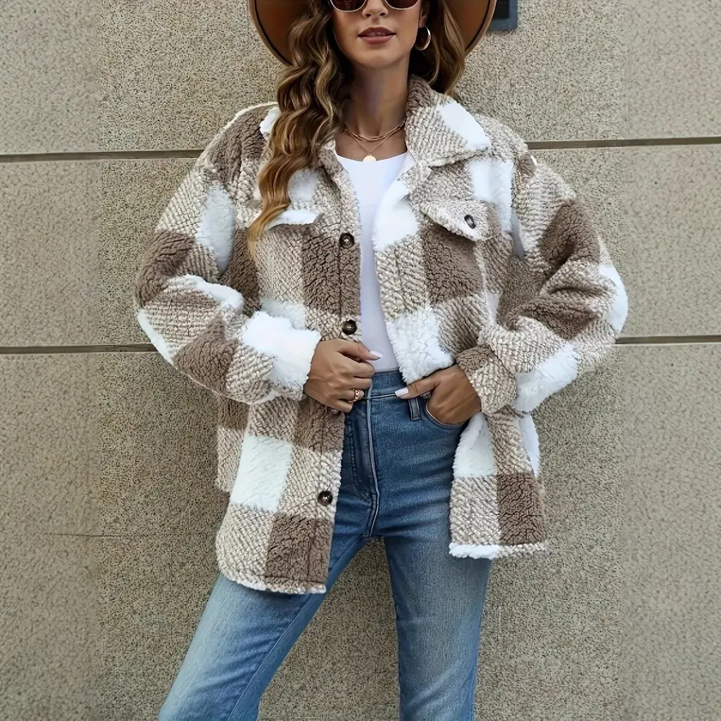 

Women's Plaid Lambskin Jacket Autumn Winter Button Plush Coat with Pockets Fashion Outerwear for Ladies