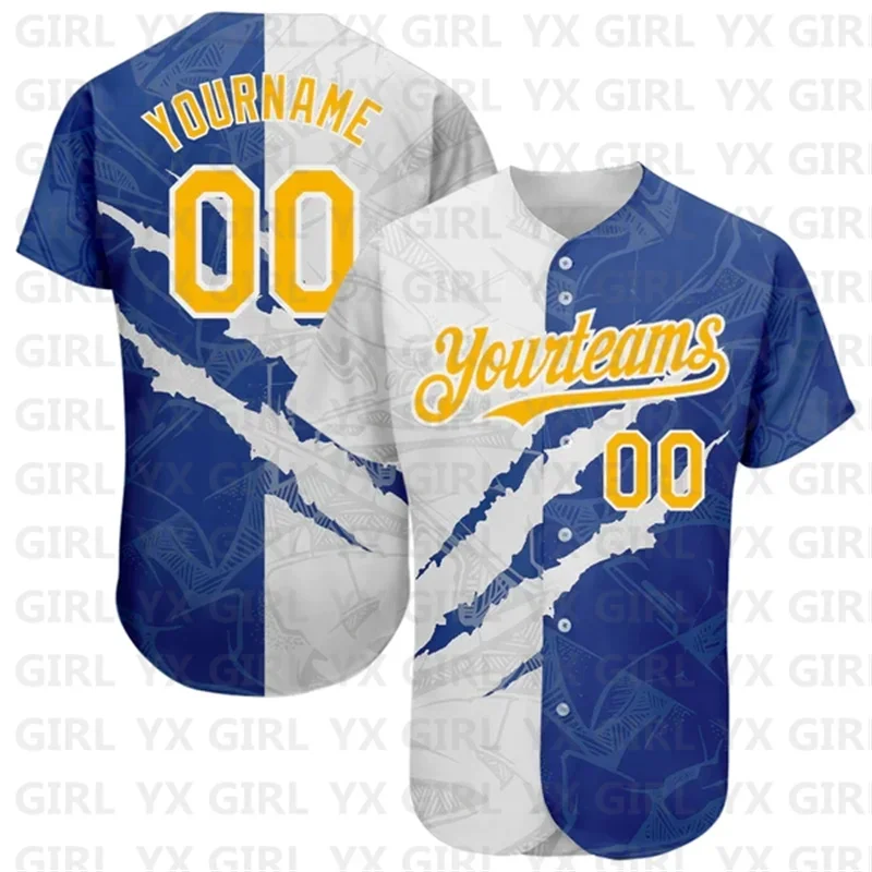 Custom Graffiti Pattern Yellow-Royal 3D Scratch Baseball Jersey 3D Printed Men Women Shirt Casual Shirts Sport Unisex Tops