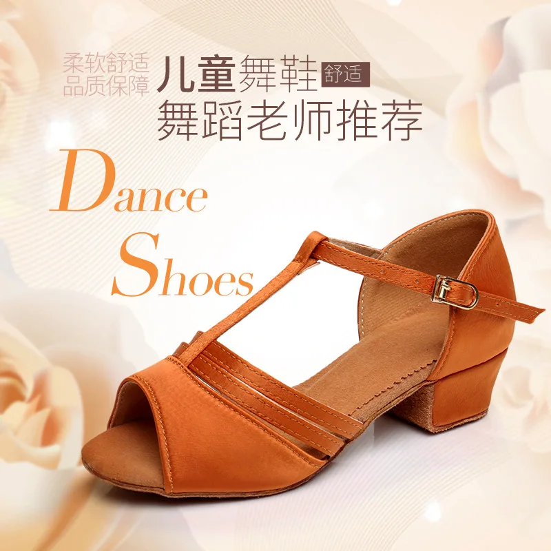 1 par/lote de zapatos de baile latino de tacón bajo para niña, de cuero sintético, para uso en interiores, ideales para vals y bailes de salón.