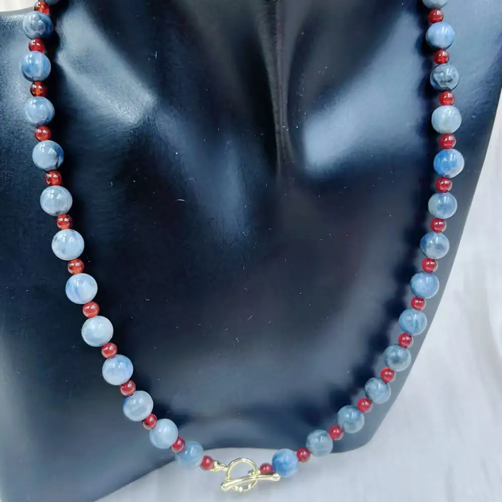 

4mm 8mm Vintage Retro Men Women Round Red Agate Blue Natural Gemstone Kyanite Jewelry Necklace