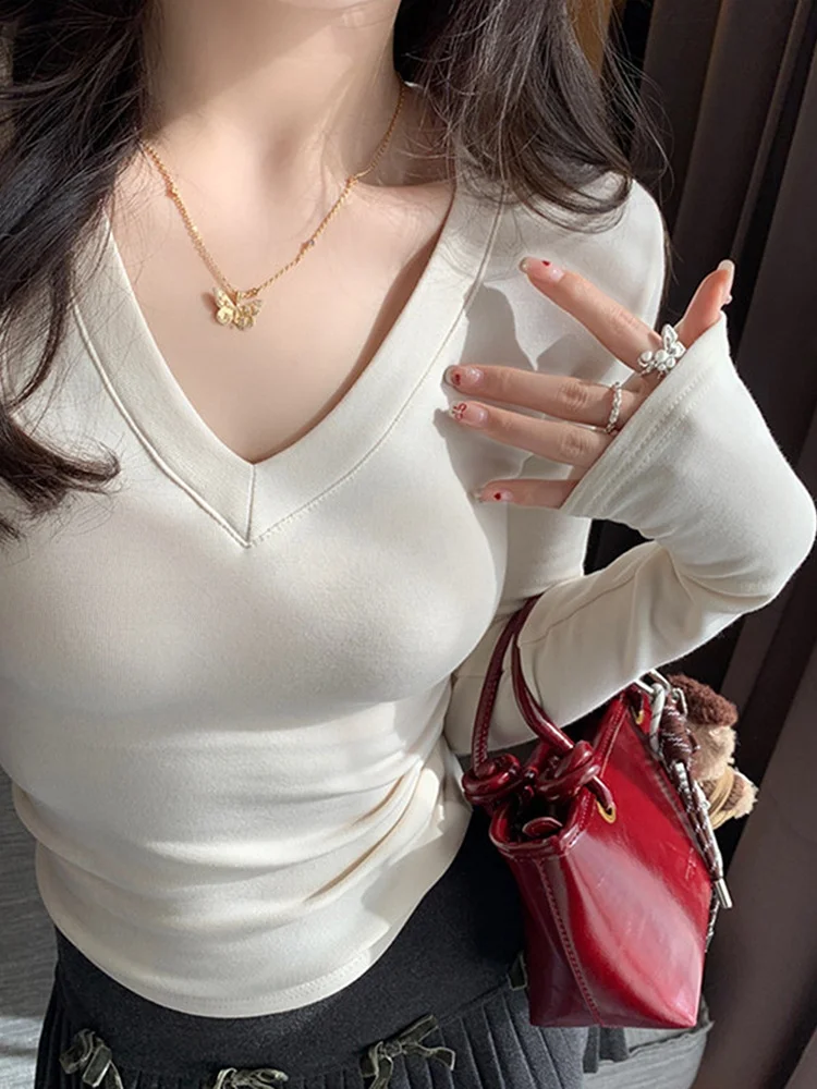 

Корейская женская футболка Sle Fce на подкладке Brued V-Ne, облегающая длинная футболка-свеч, высококачественный топ для внутренней одежды