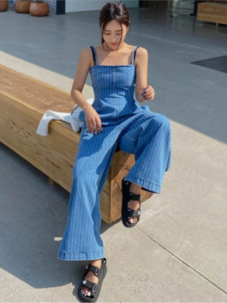 Denim Striped Print Sleeveless Slip Jumpsuit Women Wide Leg Loose Pleated Ladies Trousers Korean Fashion Woman Overalls Pants