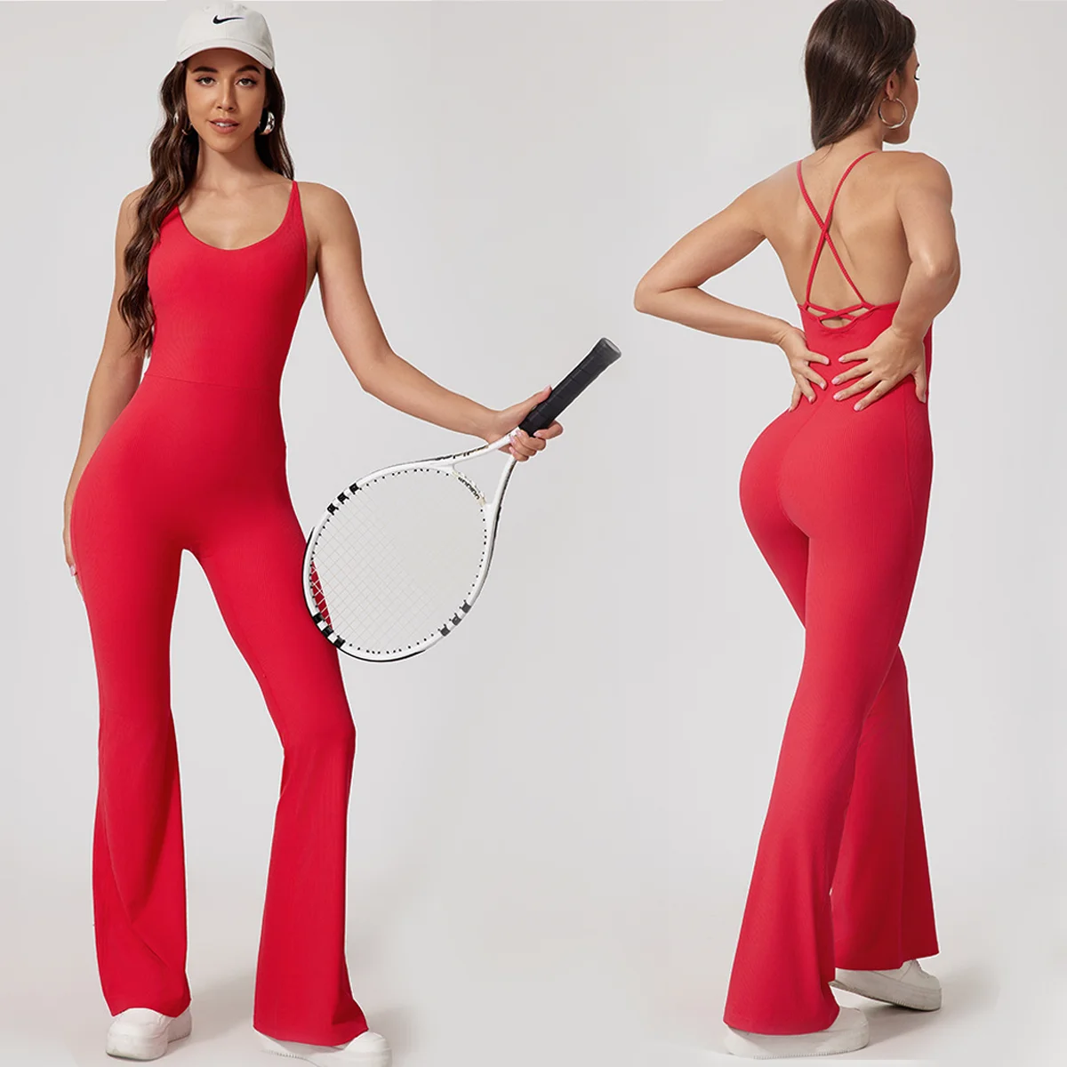여성용 요가 플레어 점프 슈트 립 니트 스파게티 스트랩 Bodycon 점프 슈트 스쿠프 넥 운동 Romper Casual Unitard