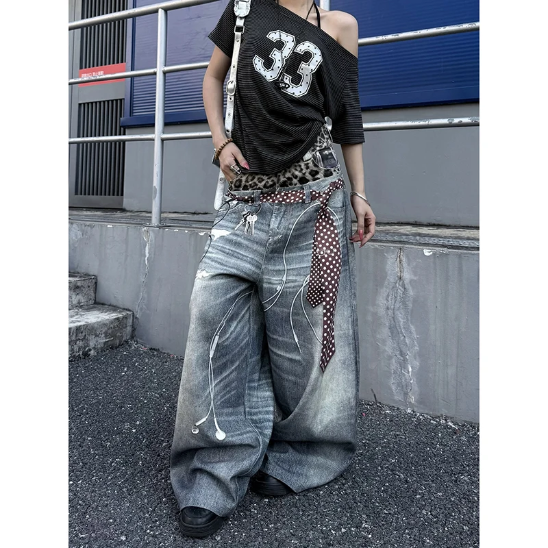 YIBASHU Women Blue Y2k Oversize Jeans Harajuku Vintage Baggy 3D Print Denim Trouser Japanese 2000s Style Hip Hop Jeans Pants