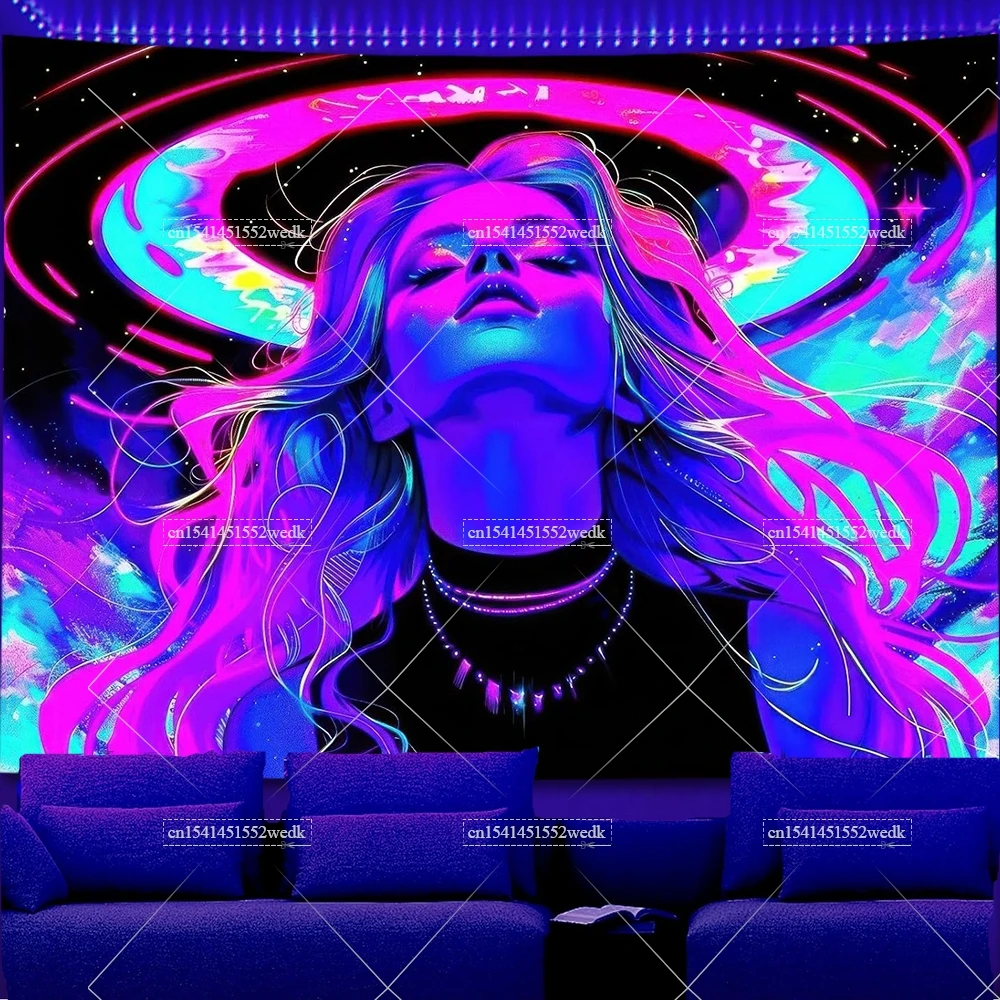 Blacklight Tapisserie Anime Mädchen Ästhetische UV Reaktive Glow In The Dark Kunst Frauen Wandbehang Poster Schlafzimmer Party Hintergrund Dekor