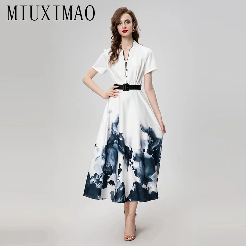 

MIUXIMAO 2024 Summer High Quality New Style Flower Print Dress Women Short Sleeve Slim Belt Office Lady Long Dress