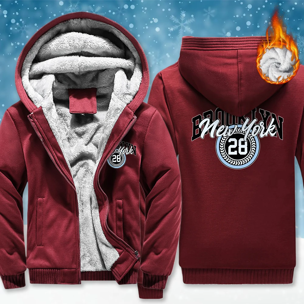 

Brookiyn New York City Print Men Zipper Coat Fashion Casual Hoodie Thicken Fleece Long Sleeve Winter Unisex Loose Clothing