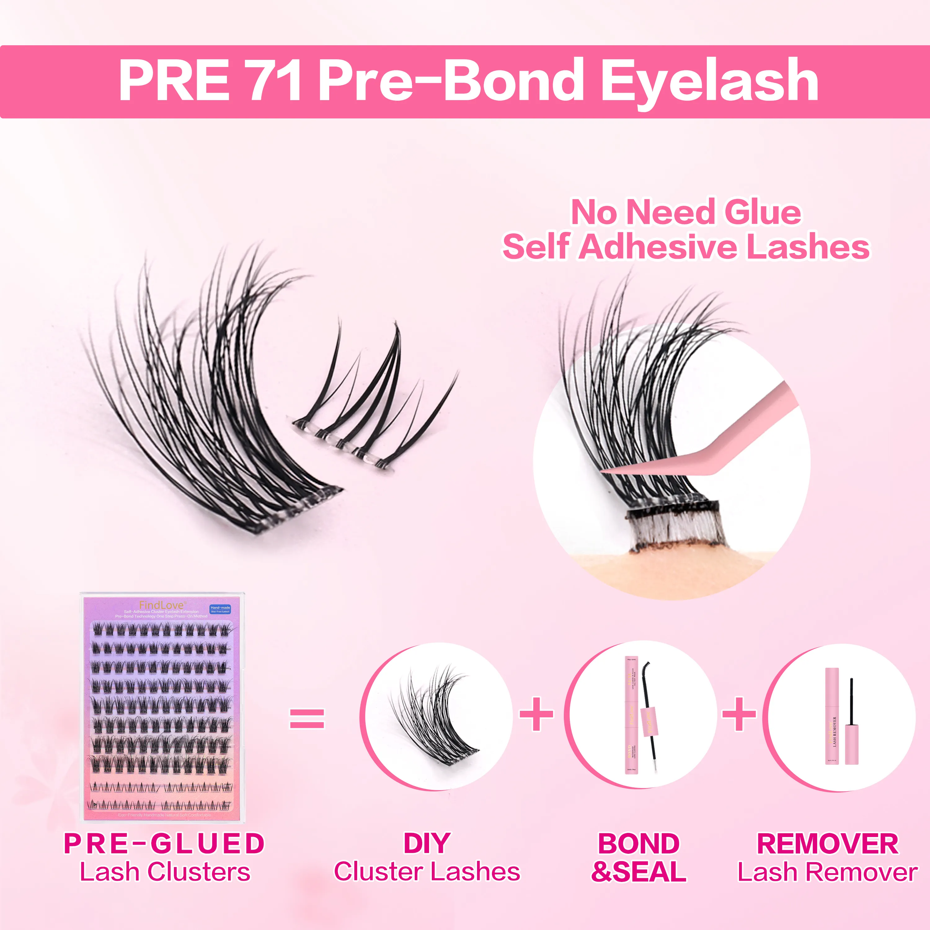 [Self Adhesive Eyelashes] 120pcs FindLove Glue Free Lash Reusable Fluffy Natural Press-on Eyelash Extension Set with Tweezer ﻿