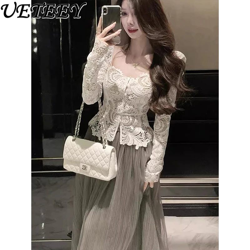 

2025 Autumn New Pure Desire Square Neck Lace Base Shirt Women High-End Waist-Cinching Slim-Fit Slimming Long Sleeve Blouse Top