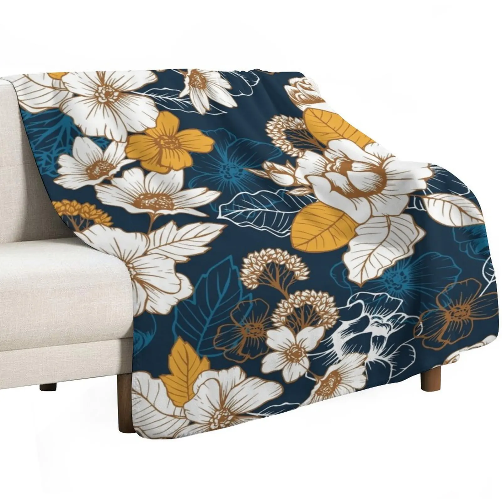 Navy and Gold Peony and Blossom Seamless Pattern Throw Blanket Loose Sofas Winter beds Tourist Sleeping Bag Blankets