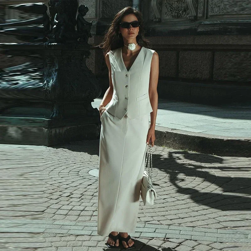 

Elegant Solid Vest Skirts Sets Women Sleeveless V-neck Single Breasted Slim Top Straight Long Skirt Summer Lady Outfits