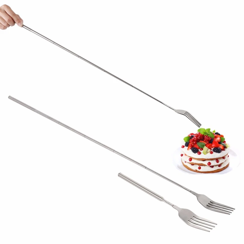 

Extendable Fork Silver Stainless Telescopic Dinner Fruit Dessert Long Cutlery BBQ Meat Fork Kitchen Practical Tools