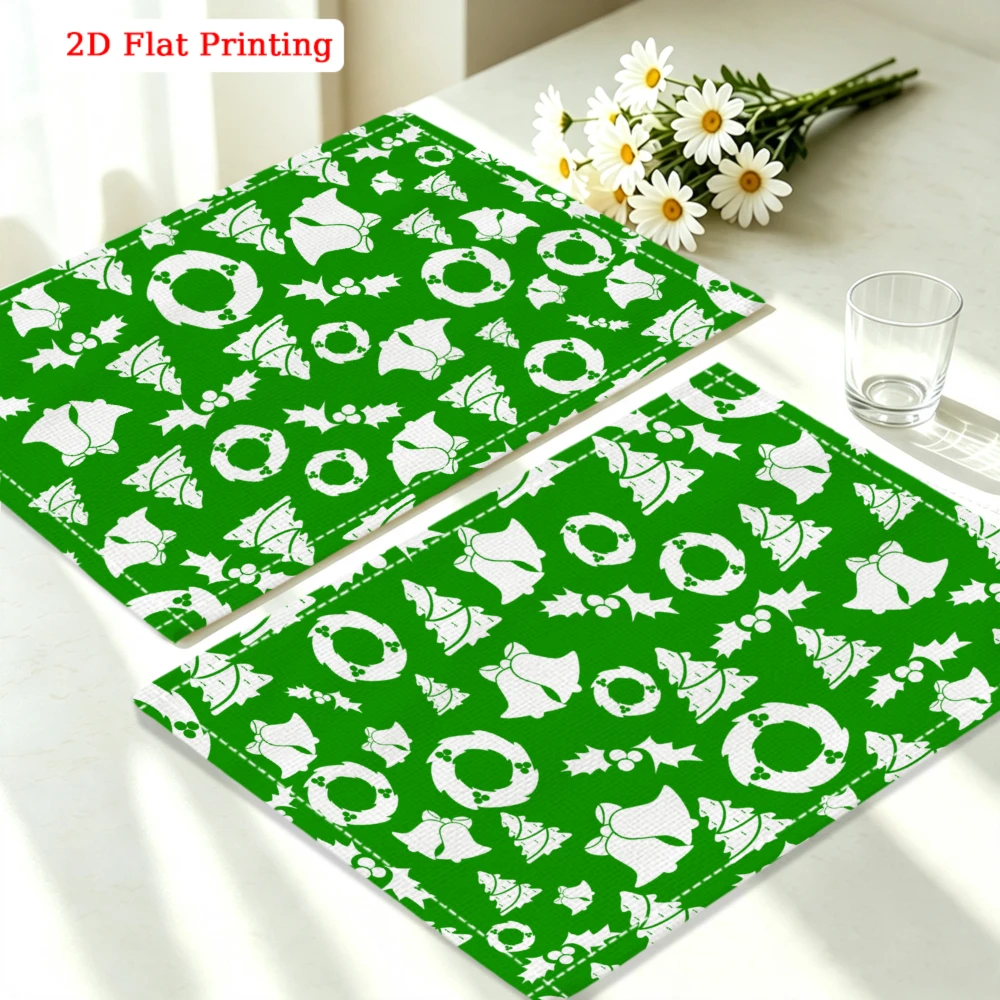 1Pc Christmas Style Placemat Green Wreath Bell Holly Pattern Table Mat For Dining Kitchen Party Decoration Use 30X40Cm Cover