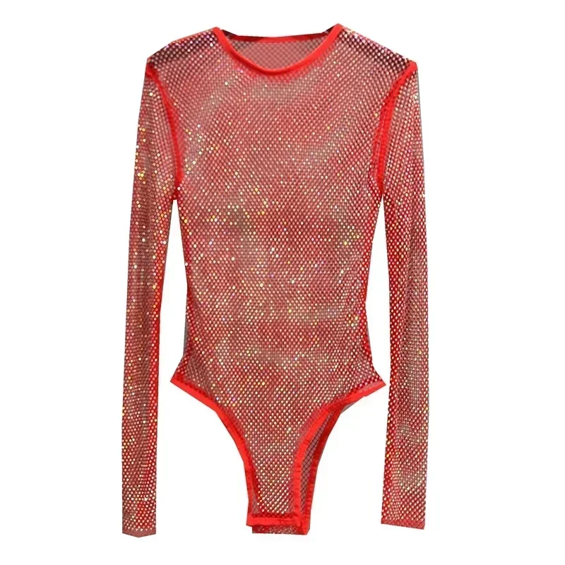 Sexy Mesh Hollowed Out Jumpsuit T-shirt Rhinestone Round Neck Tight See-through One-piece Bottoming Shirt Ms