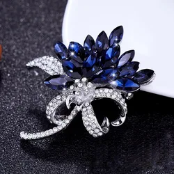 Luxury Design Blue Crystal Bouquet Brooches For Women Elegant Rhinestone Flower Brooch Clothing Pins Casual Party Jewelry Gifts