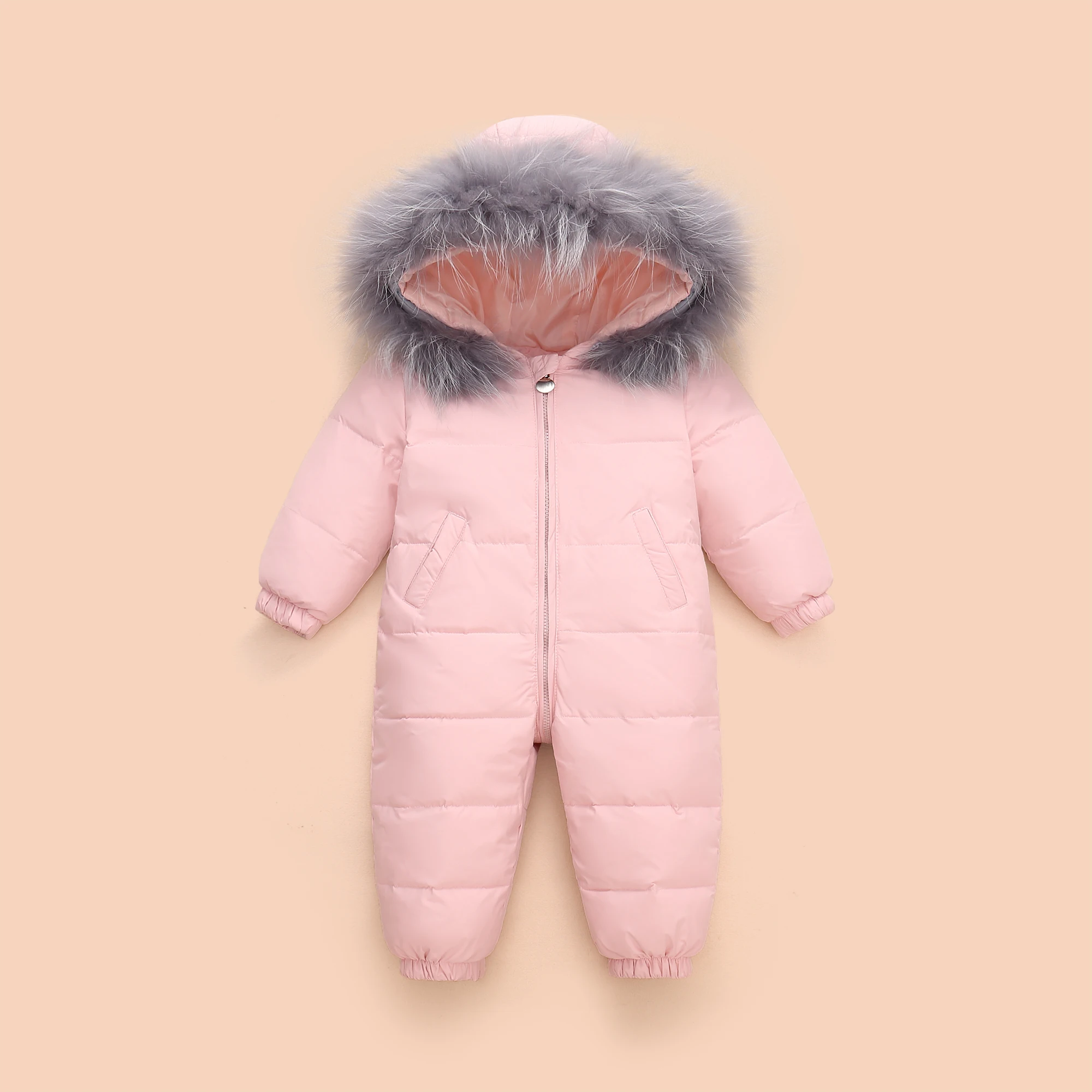 UNIFEMEN 2024 Kids Baby Winter Jumpsuit Real Raccoon Fur Baby Girl Snowsuit Toddler Boy Winter Romper Infant Boys Overalls