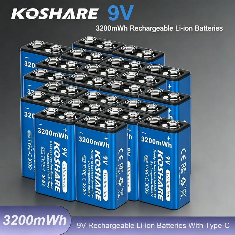 KOSHARE wiederaufladbare 9-V-Batterien, 3200 mWh, 6F22-Lithiumbatterie mit Typ-C-Anschluss, direkte Aufladung für Spielcontroller und Wecker.