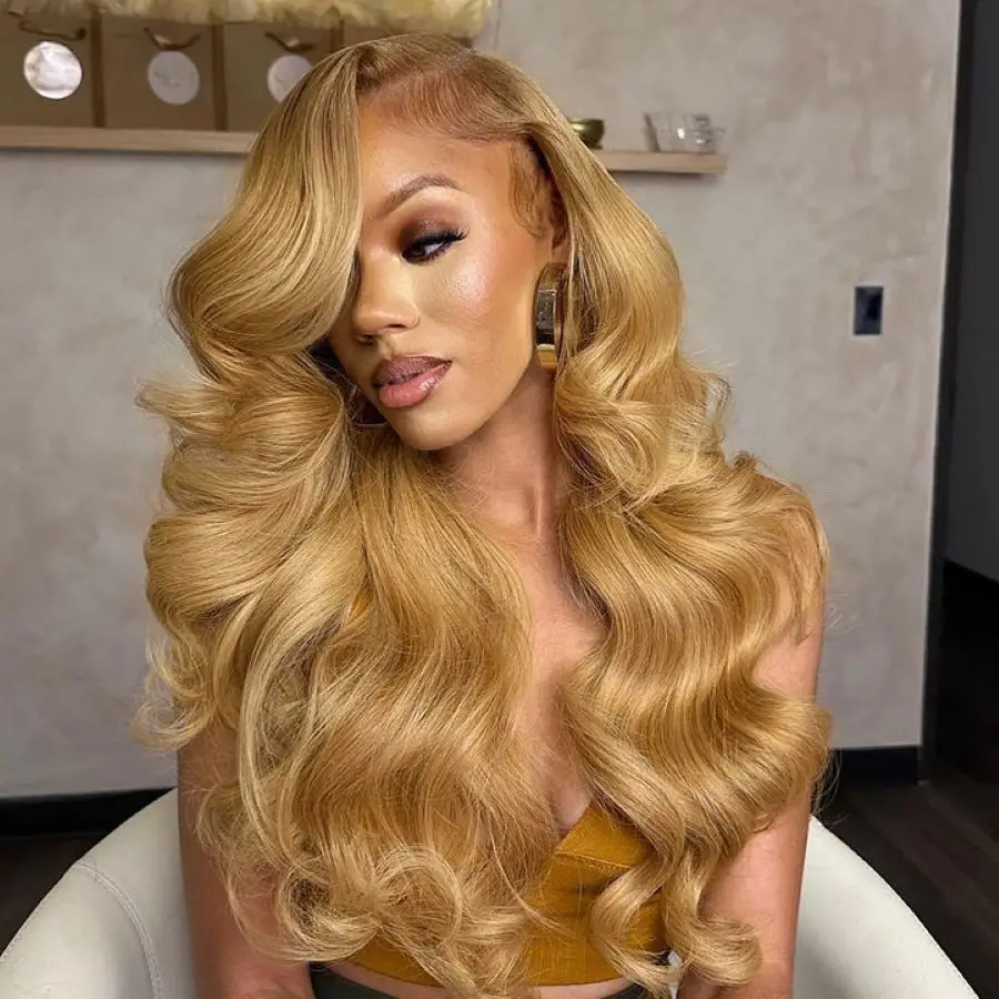 Brazilian #27 Honey Blonde 30 34 Inch Body Wave 13x4 Lace Front Human Hair Wig 13x6 HD Transparent Lace Frontal Wigs 200 Density