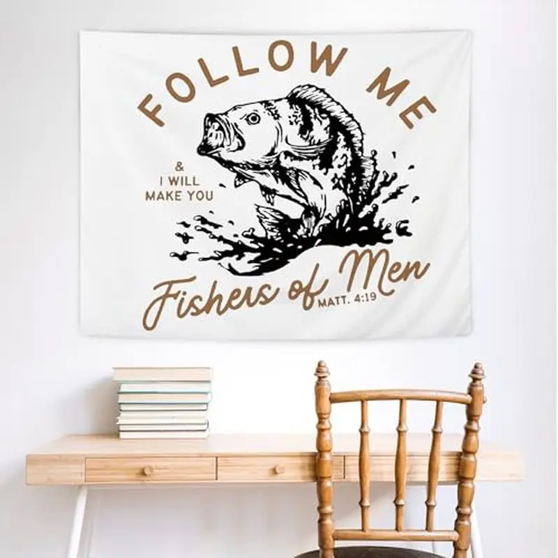 VIKAMA Follow Me Fishers Of Men Quote Wall Tapestry White Black Fish Bass Fishing Christian Religious Matthew Verse Bedroom Soft