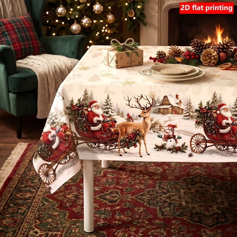 1pc Vintage Christmas Santa Sleigh Reindeer Winter Scene Tablecloth 2D Flat Printed Holiday Dining Table Cover