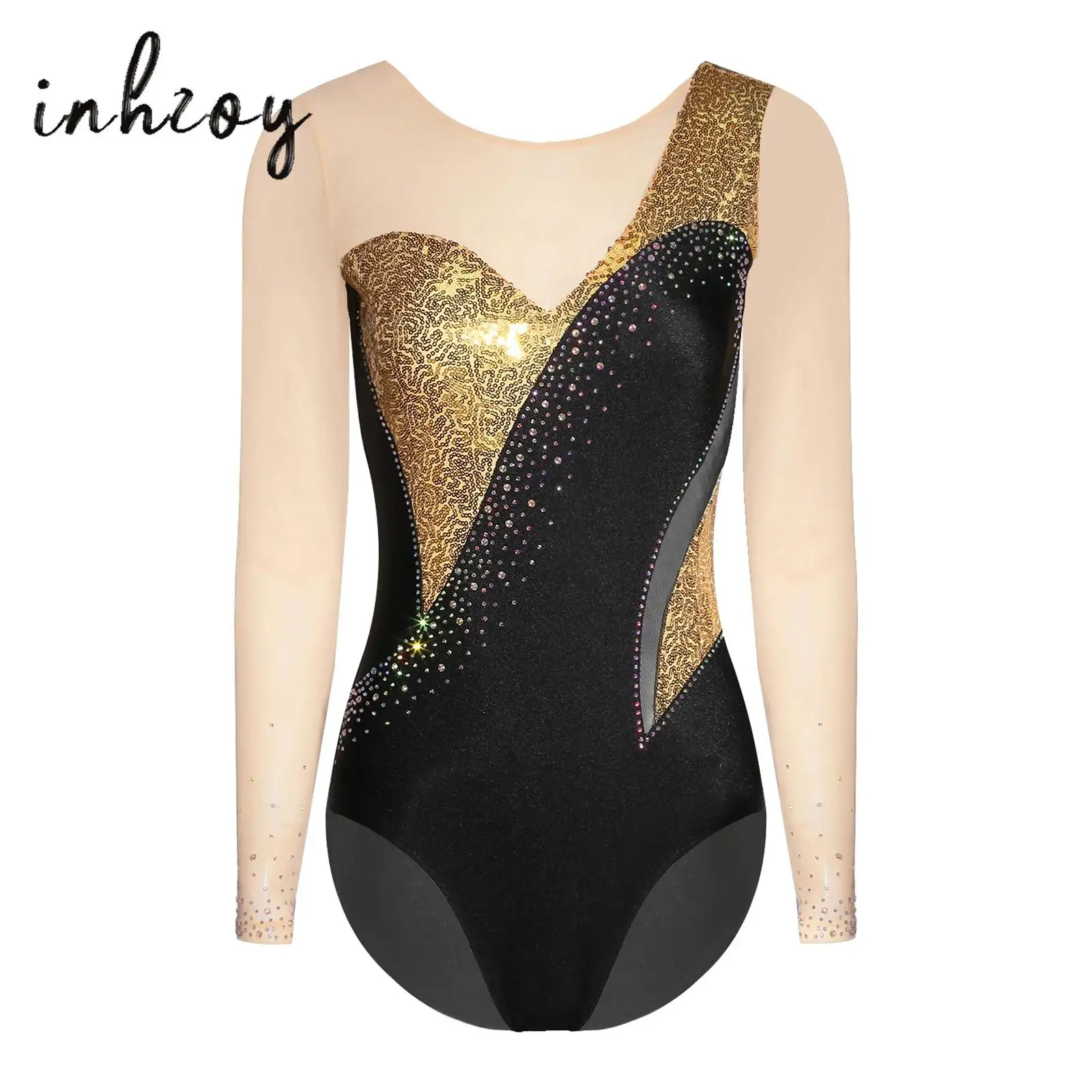 

Shiny Sequins Gymnastics Bodysuit Women Sheer Mesh Patchwork Long Sleeve Color Block Leotard for Performance Competition Unitard