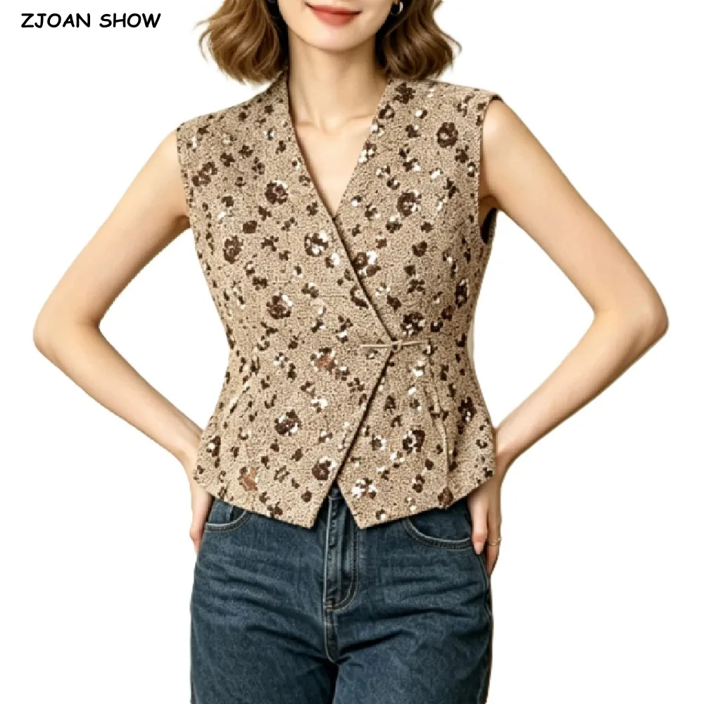CHIC Women Coffee Spliced Bright Beading Sequins V Neck Waistcoat Buckle Button OL Vest Jacket Outfits Vacation Loose Tops