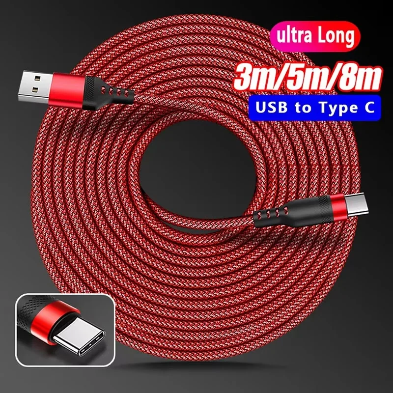 Cabo de Dados Extra Longo de 1m/3m/5m/8m 6A em Nylon USB Tipo C para Carregamento Rápido, Cabo Extensor para Huawei Xiaomi, Cabo de Dados e Carregador