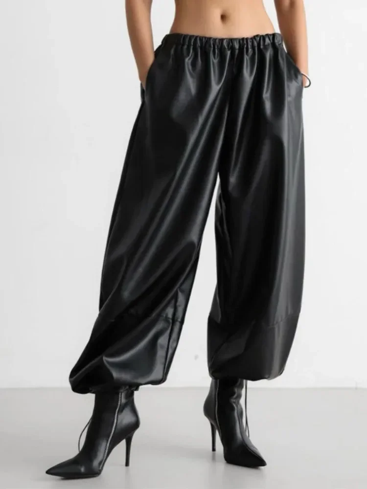 Women's New Autumn Winter Drawstring Ankle Cuffed Lantern Loose Fashion Office Lady Retro Solid Color  PU Leather Pants