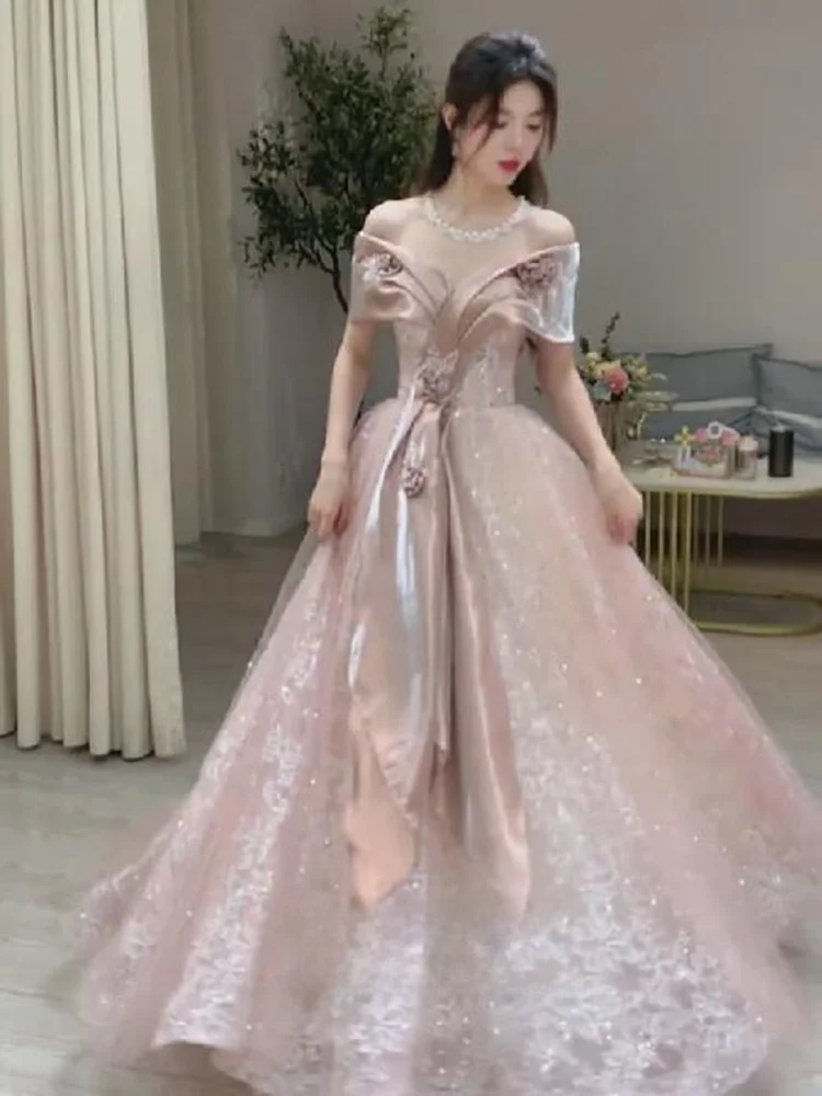 

Ele One-oulder Long Evening Gown for Wedding Reception Host Beautiful Korean Sle Embroidered Floor-Length Dr