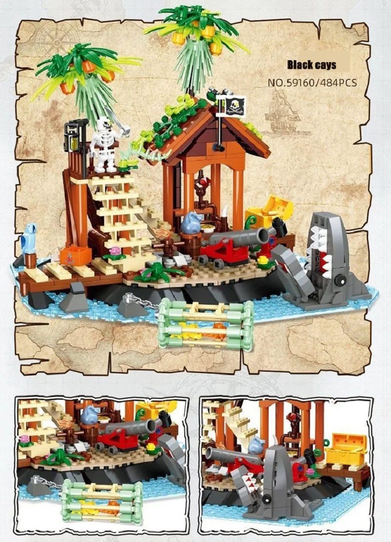 Compatível com LEGO Medieval Pirate's House Skull Island Bricks Kit 3 estilos Pirate Watch Tower Building Brock Presente de Natal