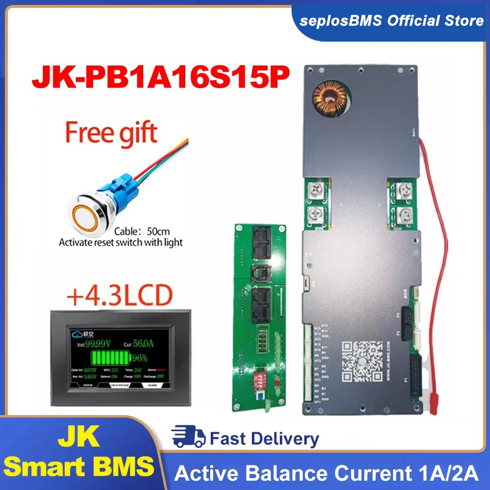 JK Smart BMS JK-PB1A16S15P LiFePo4 Li-Ion LTO Battery 24V 48V 8S/16S 200A Household Energy BMS Home Inverter Active balancer 2A