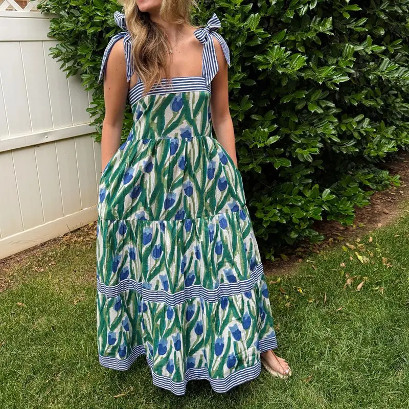 Combhasaki Women Summer Boho Wide Straps Bow Tied Shoulder Straps Square Neck Floral Striped Print Swing A-line Tank Long Dress