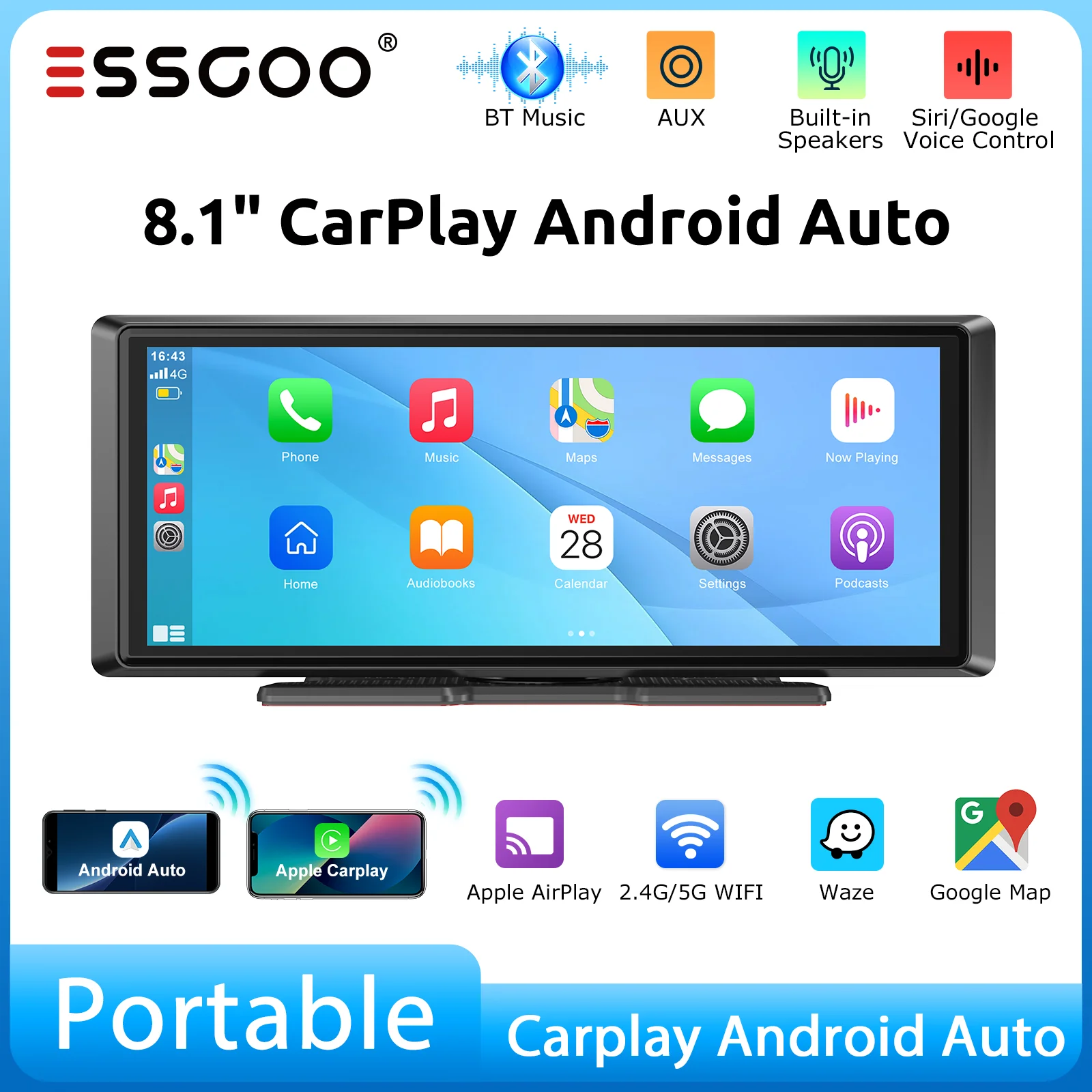 ESSGOO 8.1" IPS Touchscreen Universal Tragbar CarPlay GPS Navigation Wireless Android Auto FM WiFi Bluetooth SD AUX USB AV IN Mirror Link KI-Sprachsteuerung Für LKW Bus Wohnwagen Wohnmobil Transporter