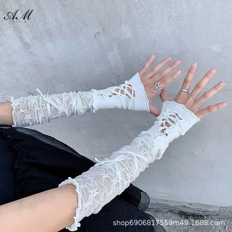 Lolita Sweet Girls Strapping Bow Fishnet Lace Fingerless Gloves Sexy Floral Sunscreen Oversleeve Gothic Elastic Mesh Handwear