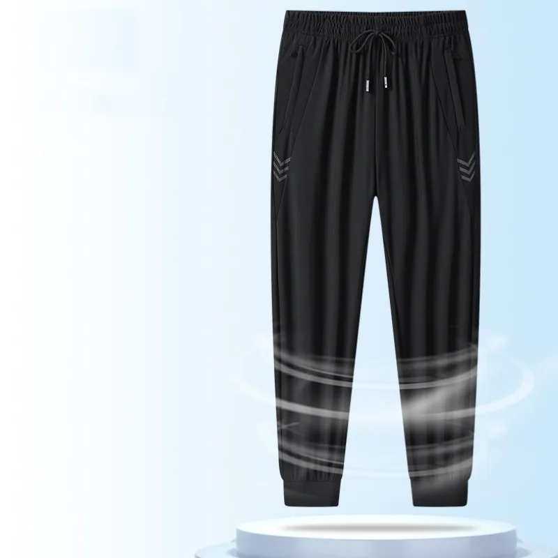 Calça esportiva casual de seda gelo masculina, Fina, Zíper, Secagem rápida, Legging longa respirável, Plus, verão