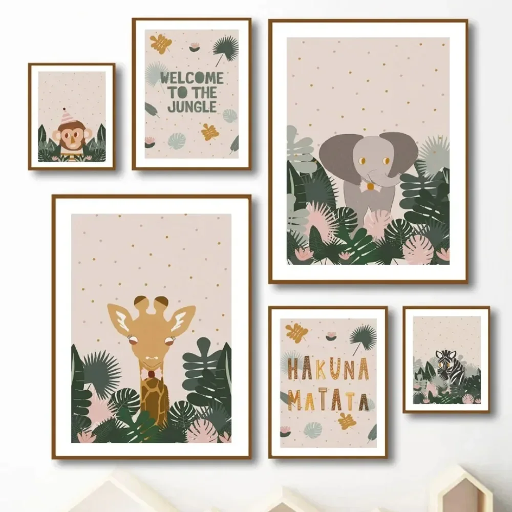 حيوانات الغابة الاستوائية الزرافة الفيل القرد هاكونا ماتاتا الفن قماش اللوحة الملصقات غرفة الاطفال ديكور