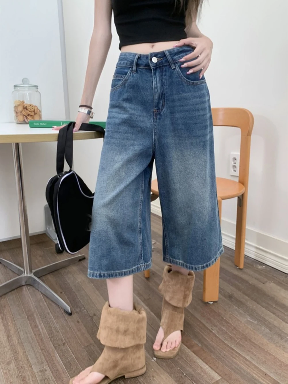 

American Retro Blue Jeans Women Summer Autumn Trend Cropped Jeans Wide Leg Pants High Waistband Versatile Denim Pants